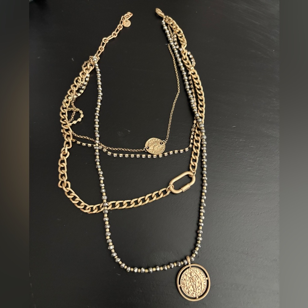 Matching boutique brand bronze/gold chain carabiner necklace and earrings